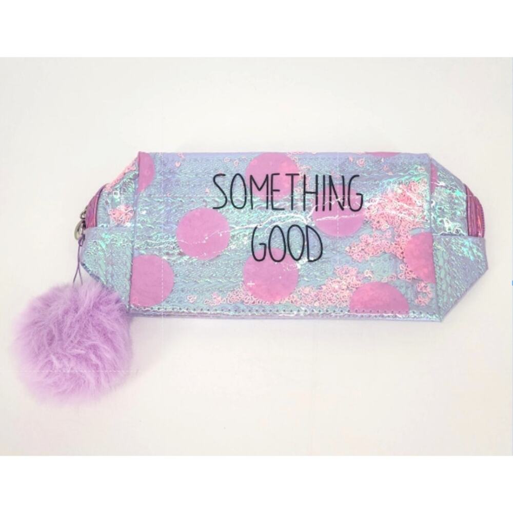3-Piece Holographic Cat Makeup Bag Bundle Pom Pom Wristlet Cosmetic Pouches - Picture 3 of 6